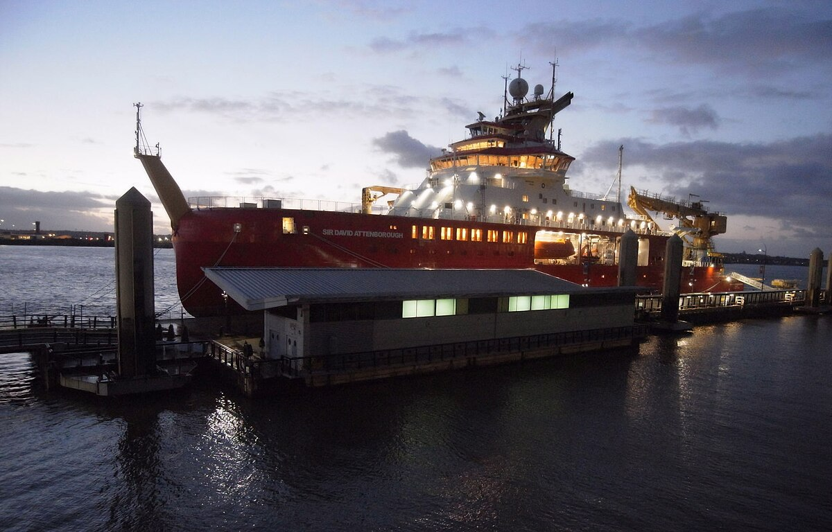 The RRS Sir David Attenborough moored at Liverpool's cruise terminal on 28 October 2020. Image: Alt174 via Wikipedia Commons.