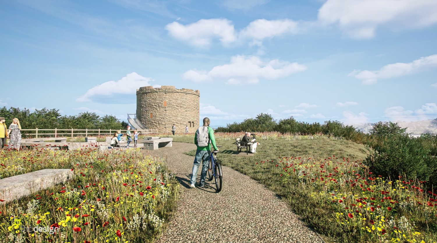 A Computer Generated Image of the recently renovated area around the Mount Batten Tower plateau. Demonstrating new pathways and additional planting to create a more enjoyable sense of place.