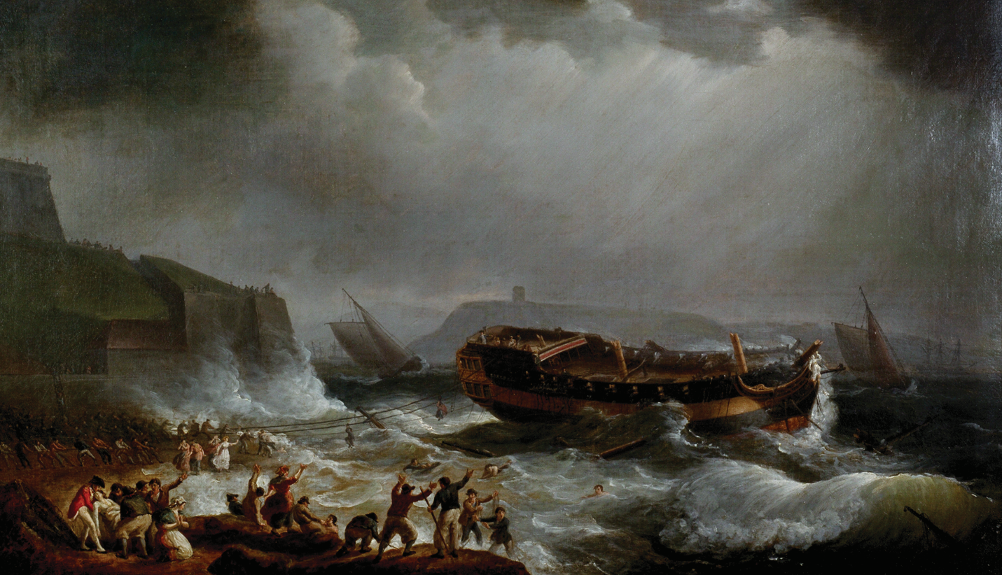 A moody and dramatic painting capturing the scene of when the Dutton vessel crashed